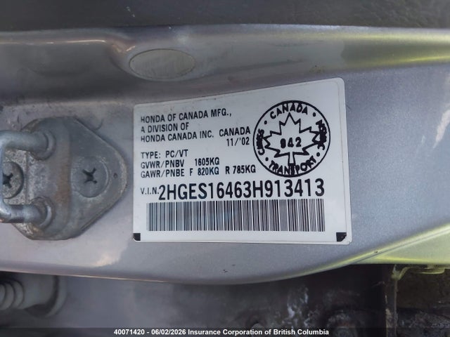 40071420 :رقم المزاد ، 2HGES16463H913413 vin ، 2003 Honda Civic Dx مزاد بيع