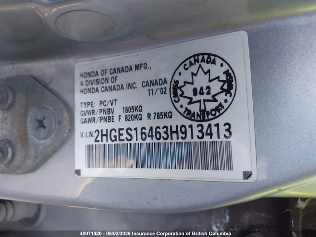 40071420 :رقم المزاد ، 2HGES16463H913413 vin ، 2003 Honda Civic Dx مزاد بيع