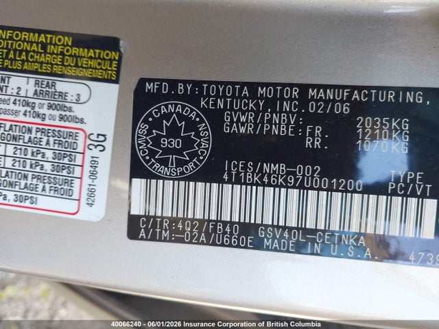 Aukcja sprzedaży 2007 Toyota Camry Le/xle/se, vin: 4T1BK46K97U001200, numer aukcji: 40066240