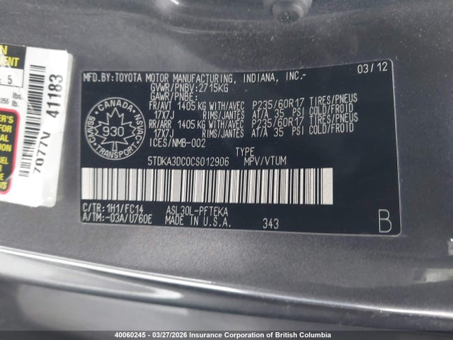Aukcja sprzedaży 2012 Toyota Sienna Le 7 Passenger, vin: 5TDKA3DC0CS012906, numer aukcji: 40060245