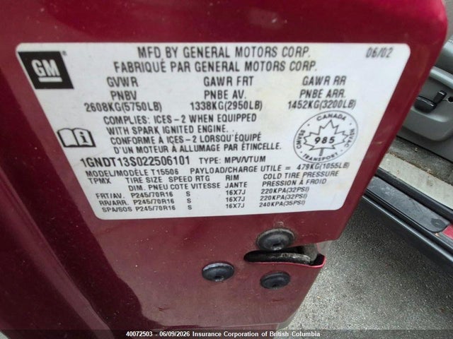 2002 Chevrolet Trailblazer მანქანა იყიდება აუქციონზე, vin: 1GNDT13S022506101, აუქციონის ნომერი: 40072503