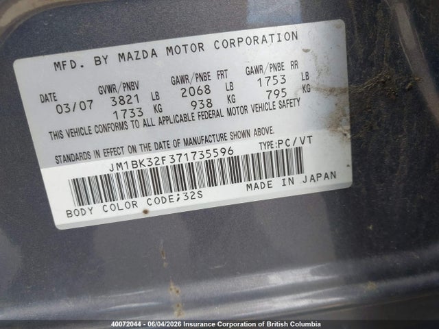 40072044 :رقم المزاد ، JM1BK32F371735596 vin ، 2007 Mazda 3 I مزاد بيع
