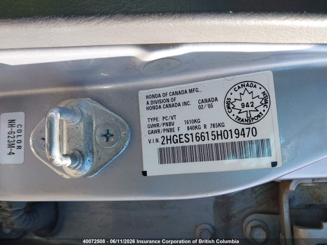 2005 Honda Civic მანქანა იყიდება აუქციონზე, vin: 2HGES16615H019470, აუქციონის ნომერი: 40072508