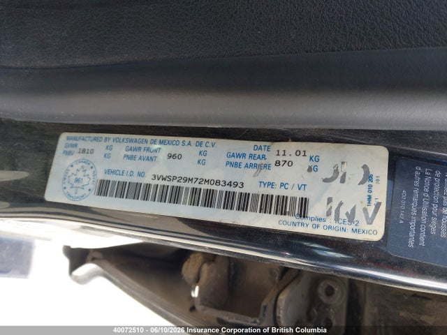 40072510 :رقم المزاد ، 3VWSP29M72M083493 vin ، 2002 Volkswagen Jetta مزاد بيع
