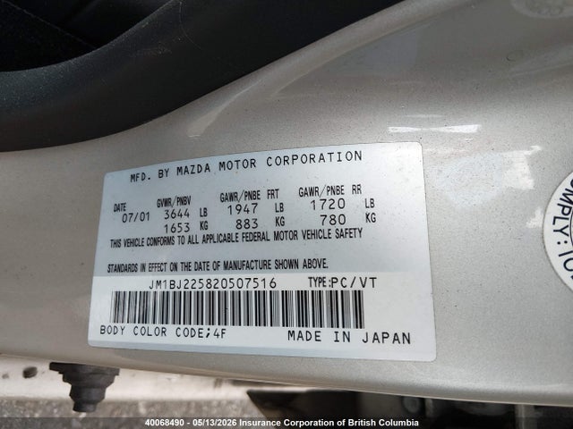 2002 Mazda Protege Dx/lx/es მანქანა იყიდება აუქციონზე, vin: JM1BJ225820507516, აუქციონის ნომერი: 40068490