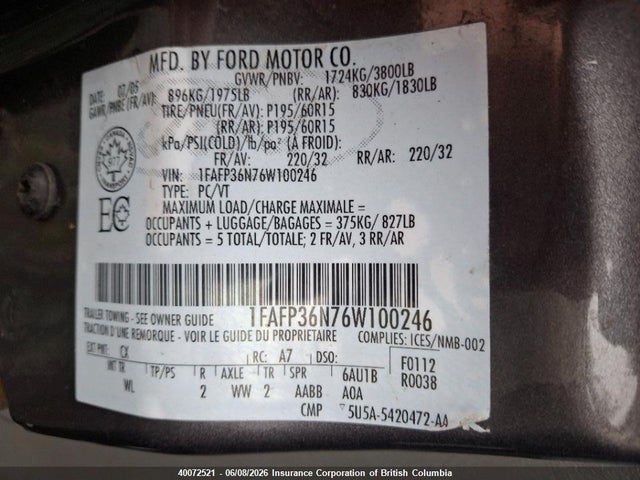 40072521 :رقم المزاد ، 1FAFP36N76W100246 vin ، 2006 Ford Focus مزاد بيع