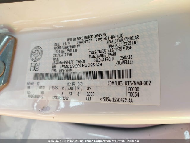 Продажа на аукционе авто 2017 Ford Escape Se, vin: 1FMCU9G91HUD98149, номер лота: 40072527