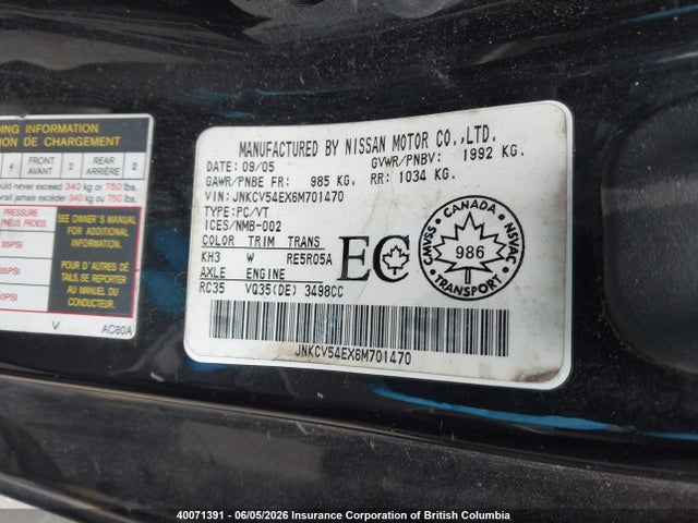 40071391 :رقم المزاد ، JNKCV54EX6M701470 vin ، 2006 Infiniti G35 مزاد بيع