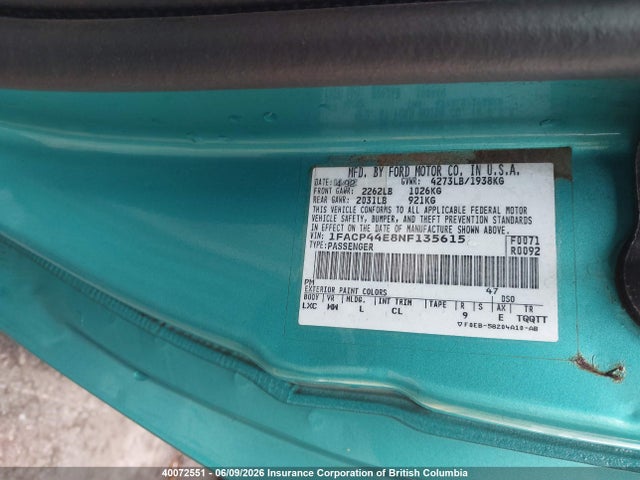 40072551 :رقم المزاد ، 1FACP44E8NF135615 vin ، 1992 Ford Mustang Lx مزاد بيع