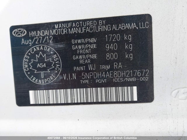 2013 Hyundai Elantra Gl მანქანა იყიდება აუქციონზე, vin: 5NPDH4AE8DH217672, აუქციონის ნომერი: 40072568