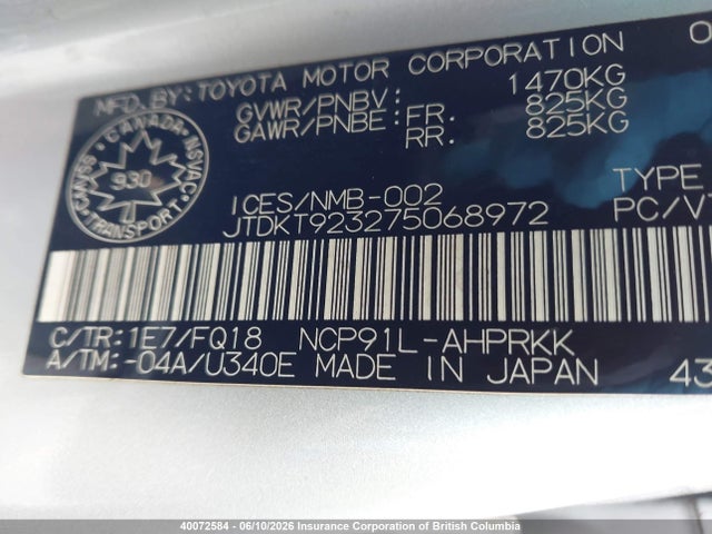 Aukcja sprzedaży 2007 Toyota Yaris, vin: JTDKT923275068972, numer aukcji: 40072584
