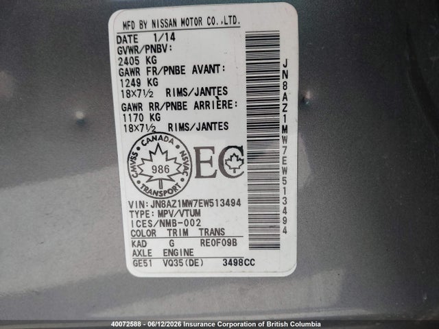 Продажа на аукционе авто 2014 Nissan Murano Platinum/s/sl/sv, vin: JN8AZ1MW7EW513494, номер лота: 40072588