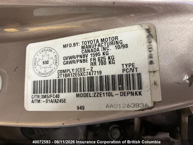 Aukcja sprzedaży 1999 Toyota Corolla Ve/ce/le, vin: 2T1BR12E5XC747719, numer aukcji: 40072593