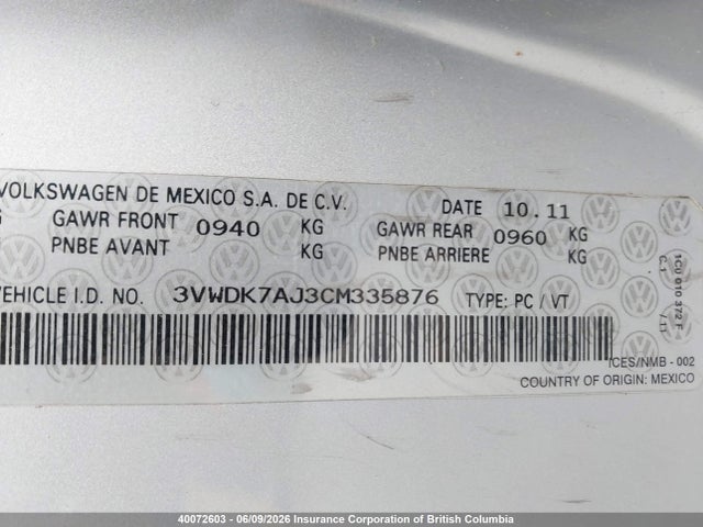 Продаж на аукціоні авто 2012 Volkswagen Jetta, vin: 3VWDK7AJ3CM335876, номер лоту: 40072603