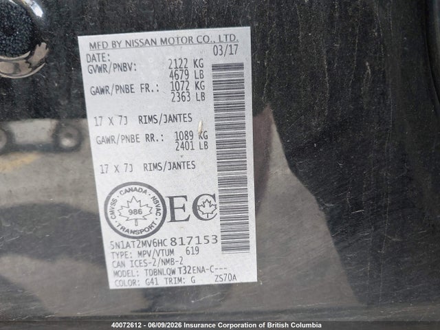 Aukcja sprzedaży 2017 Nissan Rogue, vin: 5N1AT2MV6HC817153, numer aukcji: 40072612