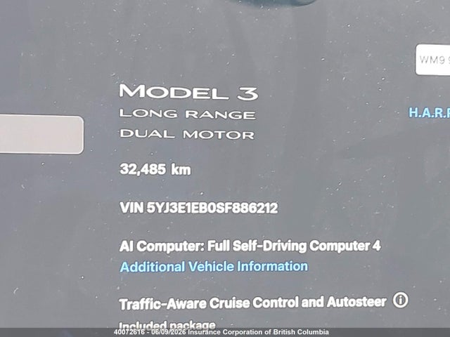 5YJ3E1EB0SF886212 Tesla MODEL 3