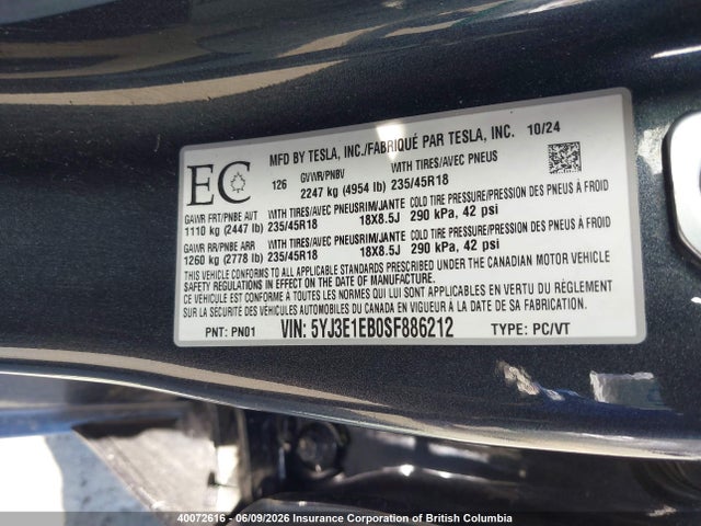5YJ3E1EB0SF886212 Tesla MODEL 3