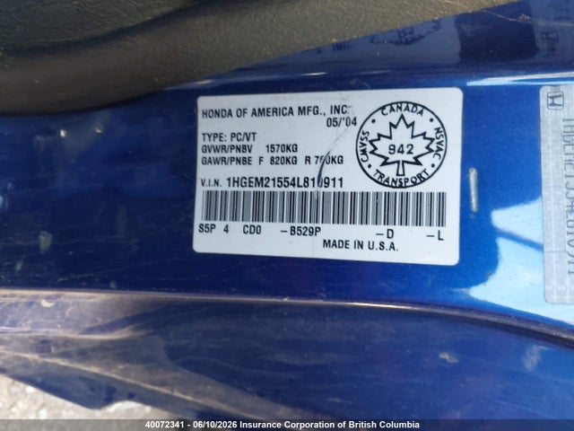 Продаж на аукціоні авто 2004 Honda Civic Lx, vin: 1HGEM21554L810911, номер лоту: 40072341