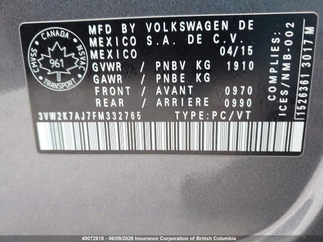 Auction sale of the 2015 Volkswagen Jetta, vin: 3VW2K7AJ7FM332765, lot number: 40072618