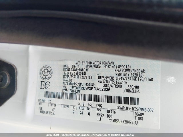 40072619 :رقم المزاد ، 1FTNE2EW3EDA52836 vin ، 2014 Ford E-series مزاد بيع