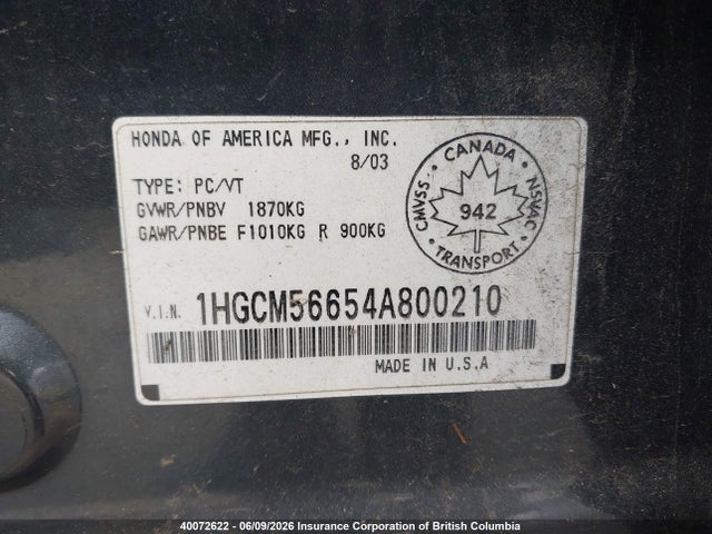 40072622 :رقم المزاد ، 1HGCM56654A800210 vin ، 2004 Honda Accord Ex-l/lx-g مزاد بيع