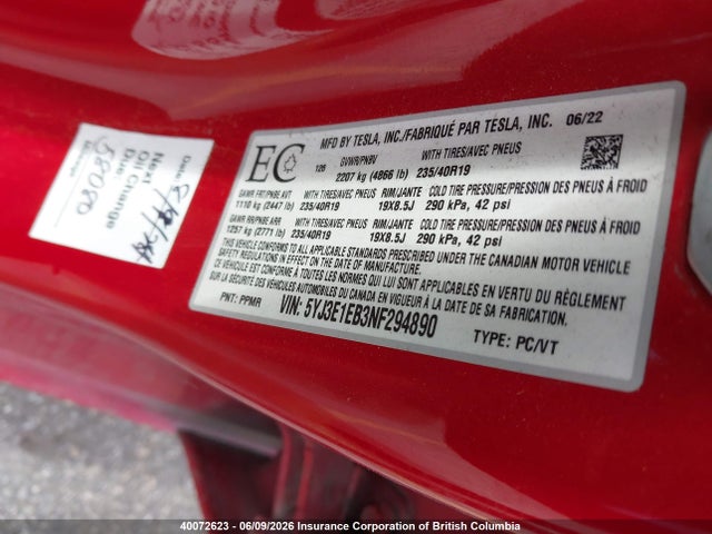 Tesla MODEL 3 2022 5YJ3E1EB3NF294890 Image 9