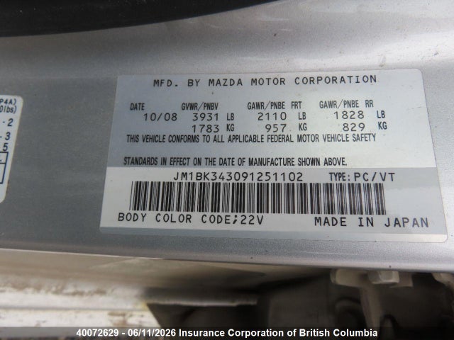 40072629 :رقم المزاد ، JM1BK343091251102 vin ، 2009 Mazda 3 S مزاد بيع