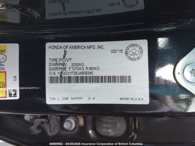 40065982 :رقم المزاد ، 1HGCV1F35JA808346 vin ، 2018 Honda Accord Sport مزاد بيع