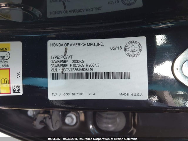 40065982 :رقم المزاد ، 1HGCV1F35JA808346 vin ، 2018 Honda Accord Sport مزاد بيع