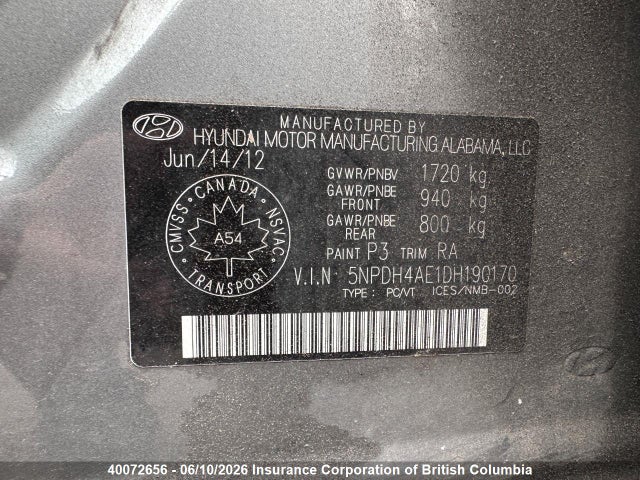 Продаж на аукціоні авто 2013 Hyundai Elantra Gl, vin: 5NPDH4AE1DH190170, номер лоту: 40072656