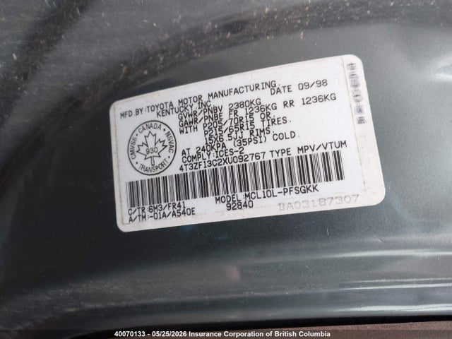 Aukcja sprzedaży 1999 Toyota Sienna Le/xle, vin: 4T3ZF13C2XU092767, numer aukcji: 40070133