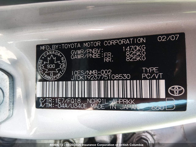 Aukcja sprzedaży 2007 Toyota Yaris, vin: JTDKT923775108530, numer aukcji: 40069273