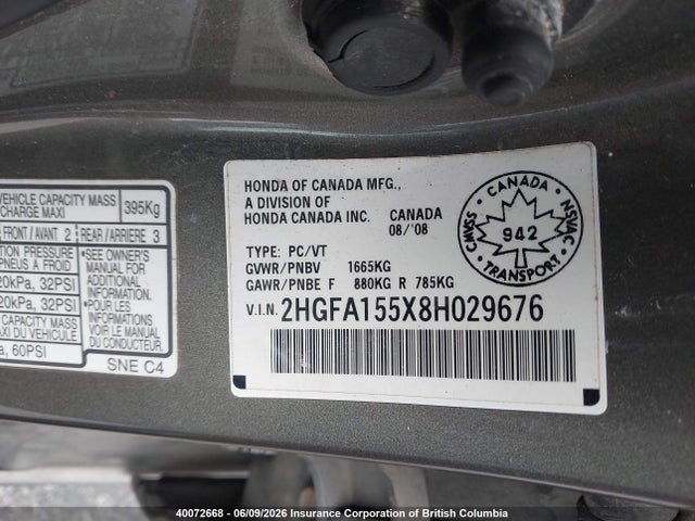 Aukcja sprzedaży 2008 Honda Civic, vin: 2HGFA155X8H029676, numer aukcji: 40072668