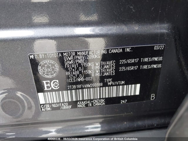 2T3B1RFV4NW260188 Toyota RAV4 LE