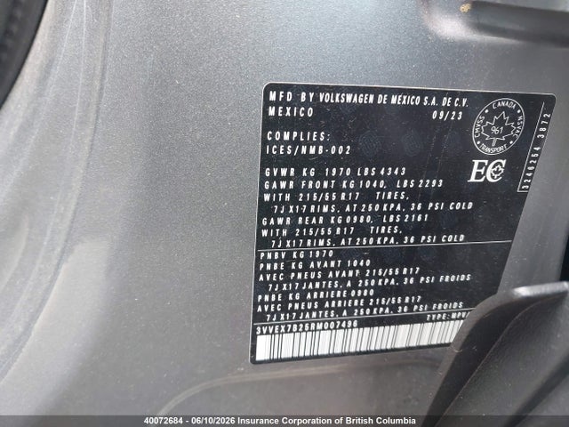 40072684 :رقم المزاد ، 3VVEX7B25RM007496 vin ، 2024 Volkswagen Taos مزاد بيع
