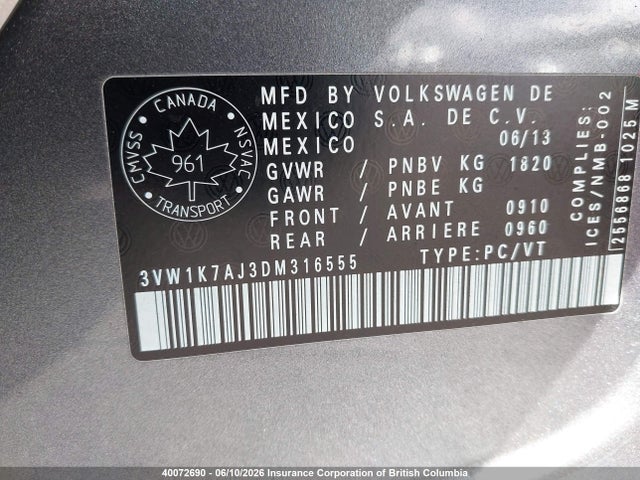 Aukcja sprzedaży 2013 Volkswagen Jetta, vin: 3VW1K7AJ3DM316555, numer aukcji: 40072690