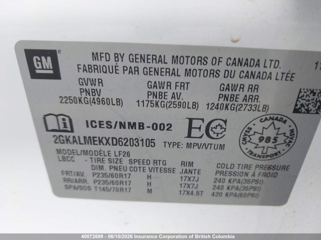 Aukcja sprzedaży 2013 Gmc Terrain Sle, vin: 2GKALMEKXD6203105, numer aukcji: 40072699