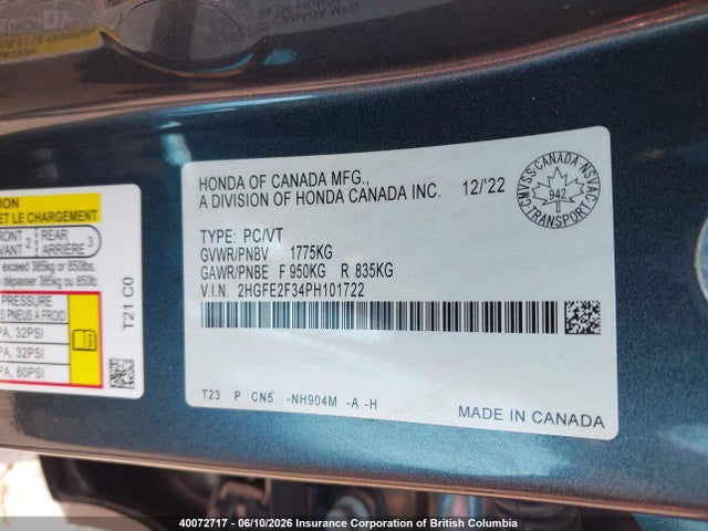 Aukcja sprzedaży 2023 Honda Civic, vin: 2HGFE2F34PH101722, numer aukcji: 40072717