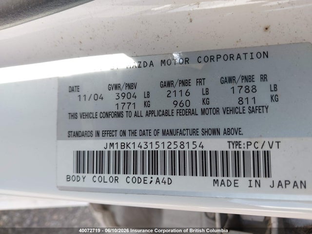 40072719 :رقم المزاد ، JM1BK143151258154 vin ، 2005 Mazda Mazda3 Gs/gt مزاد بيع