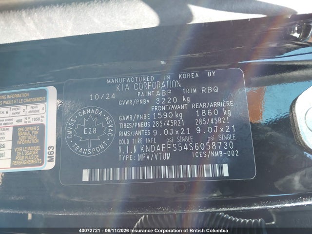 40072721 :رقم المزاد ، KNDAEFS54S6058730 vin ، 2025 Kia Ev9 مزاد بيع