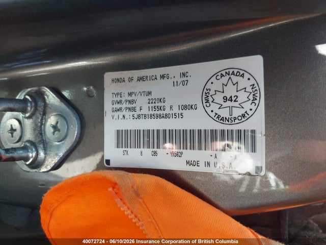 Продажа на аукционе авто 2008 Acura Rdx, vin: 5J8TB18598A801515, номер лота: 40072724
