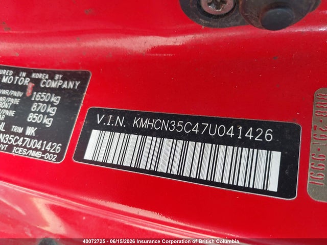 40072725 :رقم المزاد ، KMHCN35C47U041426 vin ، 2007 Hyundai Accent Gs مزاد بيع