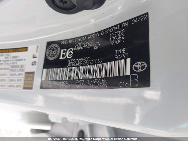 Aukcja sprzedaży 2022 Toyota Corolla Hybrid Base W/li Battery, vin: JTDBBMBE7N3501850, numer aukcji: 40072730
