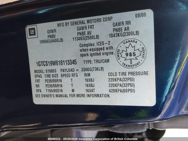 Продаж на аукціоні авто 2001 Gmc Sonoma, vin: 1GTCS19W618113345, номер лоту: 40069222