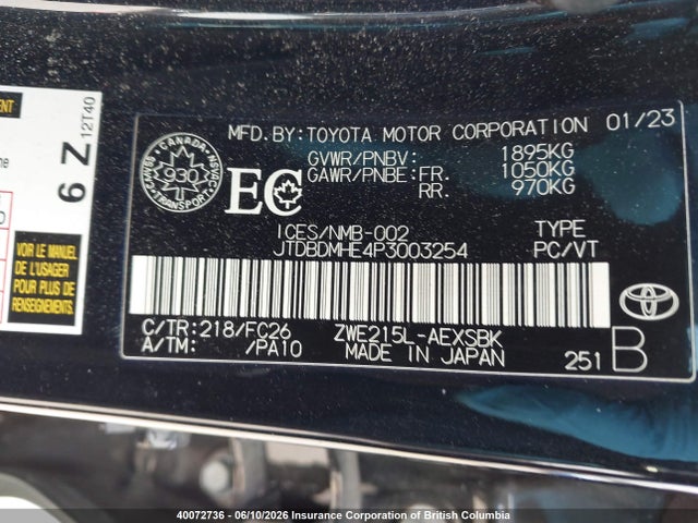 Aukcja sprzedaży 2023 Toyota Corolla Hybrid Se, vin: JTDBDMHE4P3003254, numer aukcji: 40072736