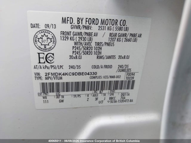 Продажа на аукционе авто 2013 Ford Edge Limited, vin: 2FMDK4KC9DBE04330, номер лота: 40065011