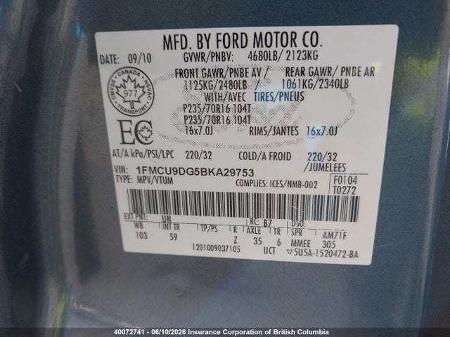 40072741 :رقم المزاد ، 1FMCU9DG5BKA29753 vin ، 2011 Ford Escape Xlt مزاد بيع
