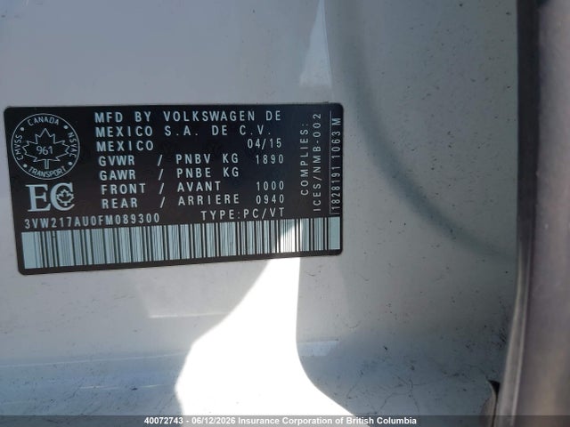 40072743 :رقم المزاد ، 3VW217AU0FM089300 vin ، 2015 Volkswagen Golf مزاد بيع