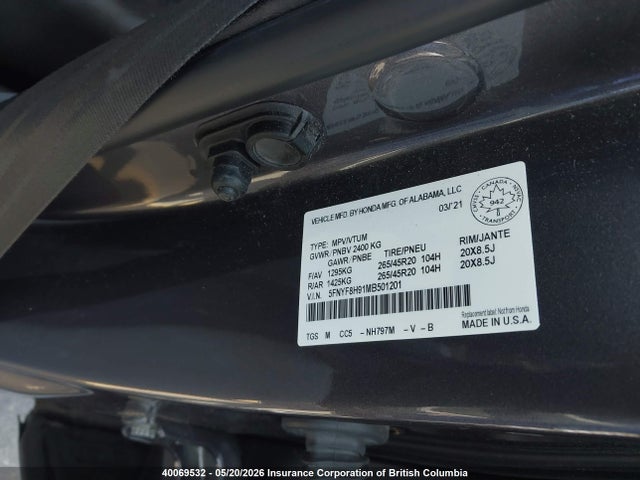 Продаж на аукціоні авто 2021 Honda Passport Touring, vin: 5FNYF8H91MB501201, номер лоту: 40069532