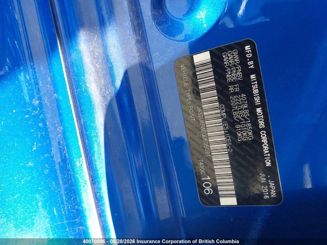 Продаж на аукціоні авто 2016 Mitsubishi Lancer Gt, vin: JA32U8FW2GU605081, номер лоту: 40070896